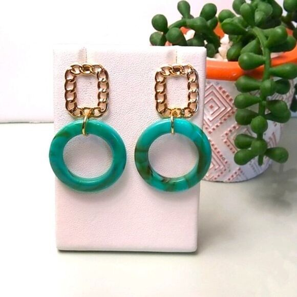Aqua & Green Swirl Acrylic Hoop Drop Earrings. - Picture 1 of 3